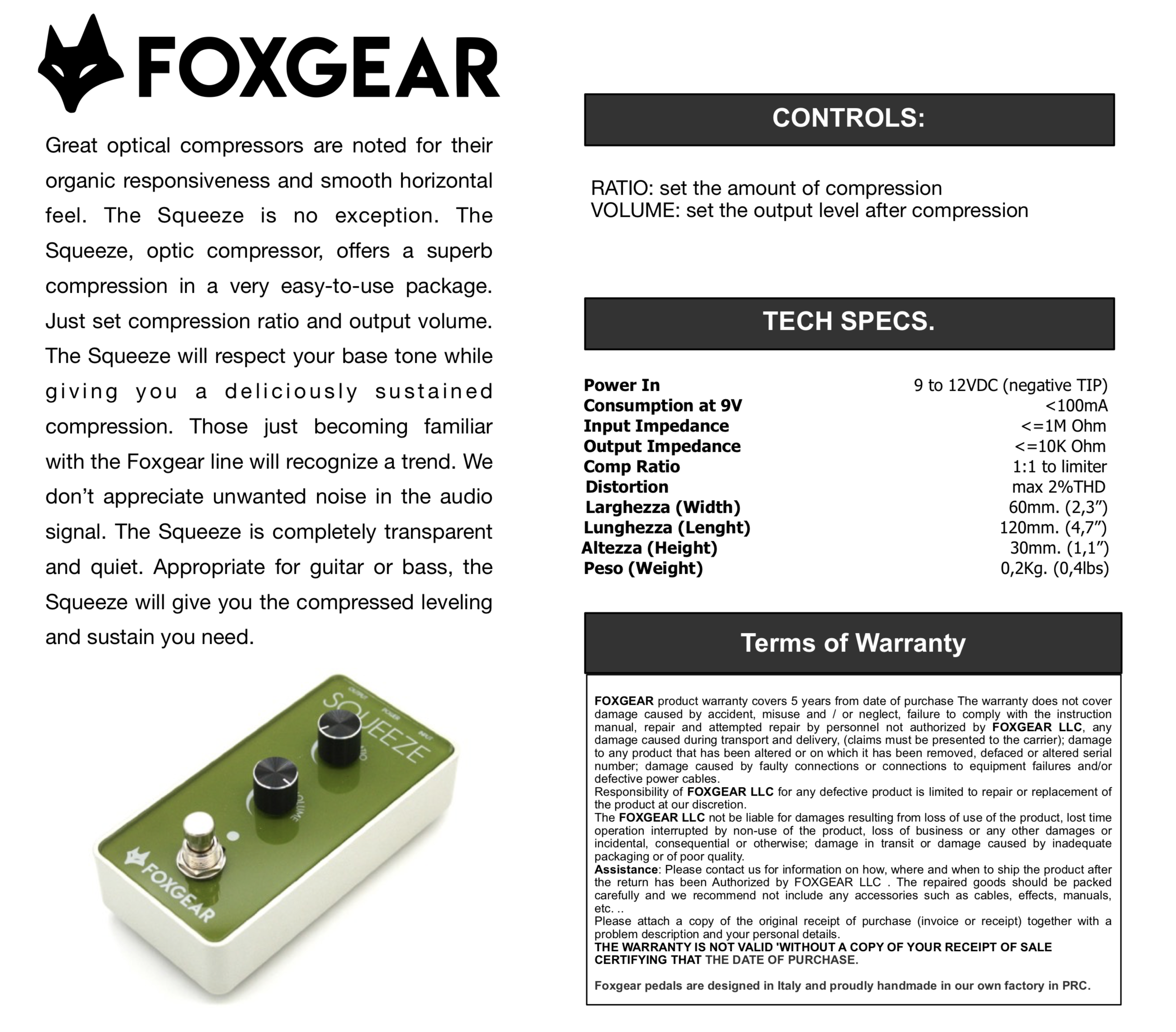 Foxgear Pedals Squeeze Optical Compressor